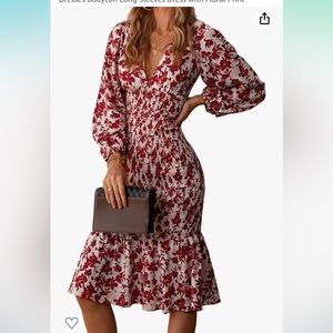 CUPSHE Women's Flounce V Neck Ruched Knee Length Dresses Long Sleeves Dress